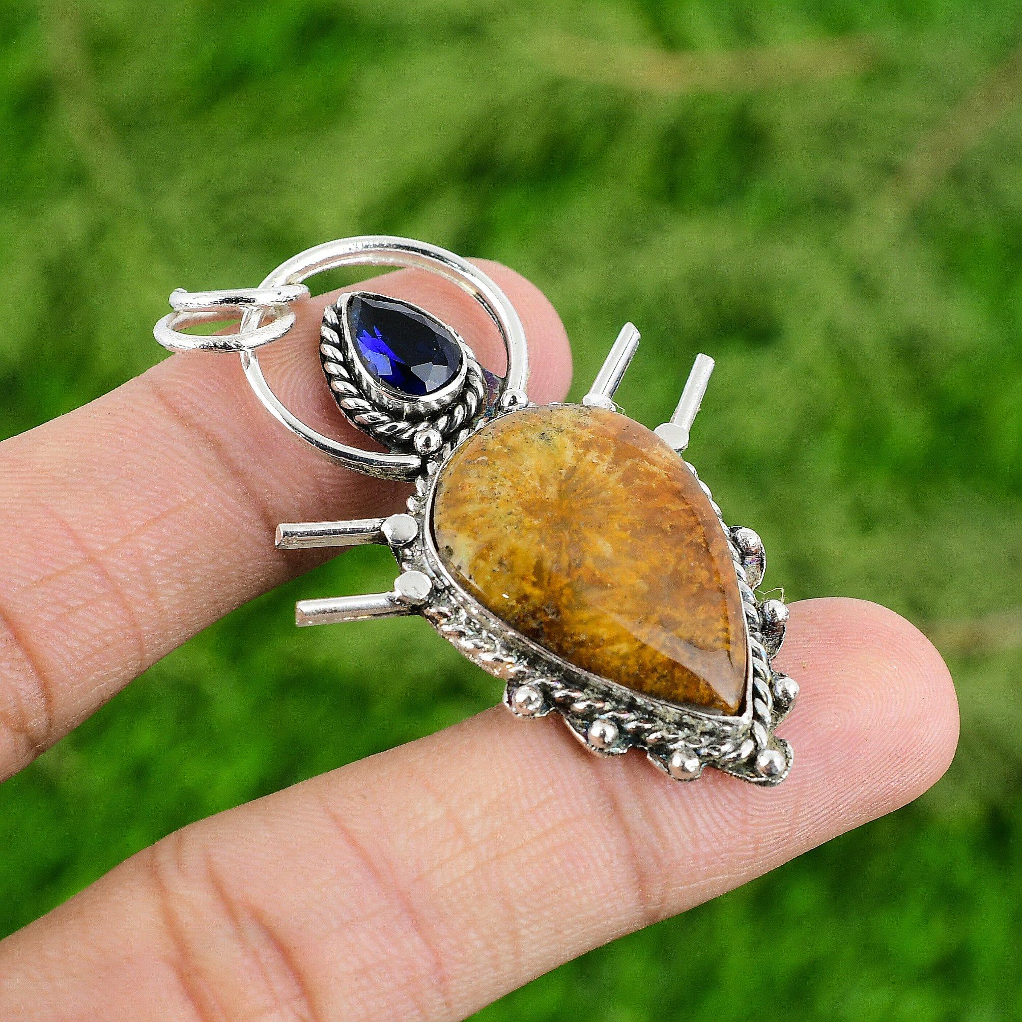 

Mothers day Deal Sterling Silver Fossil Coral Gemstone Tanzanite Quartz Pendant