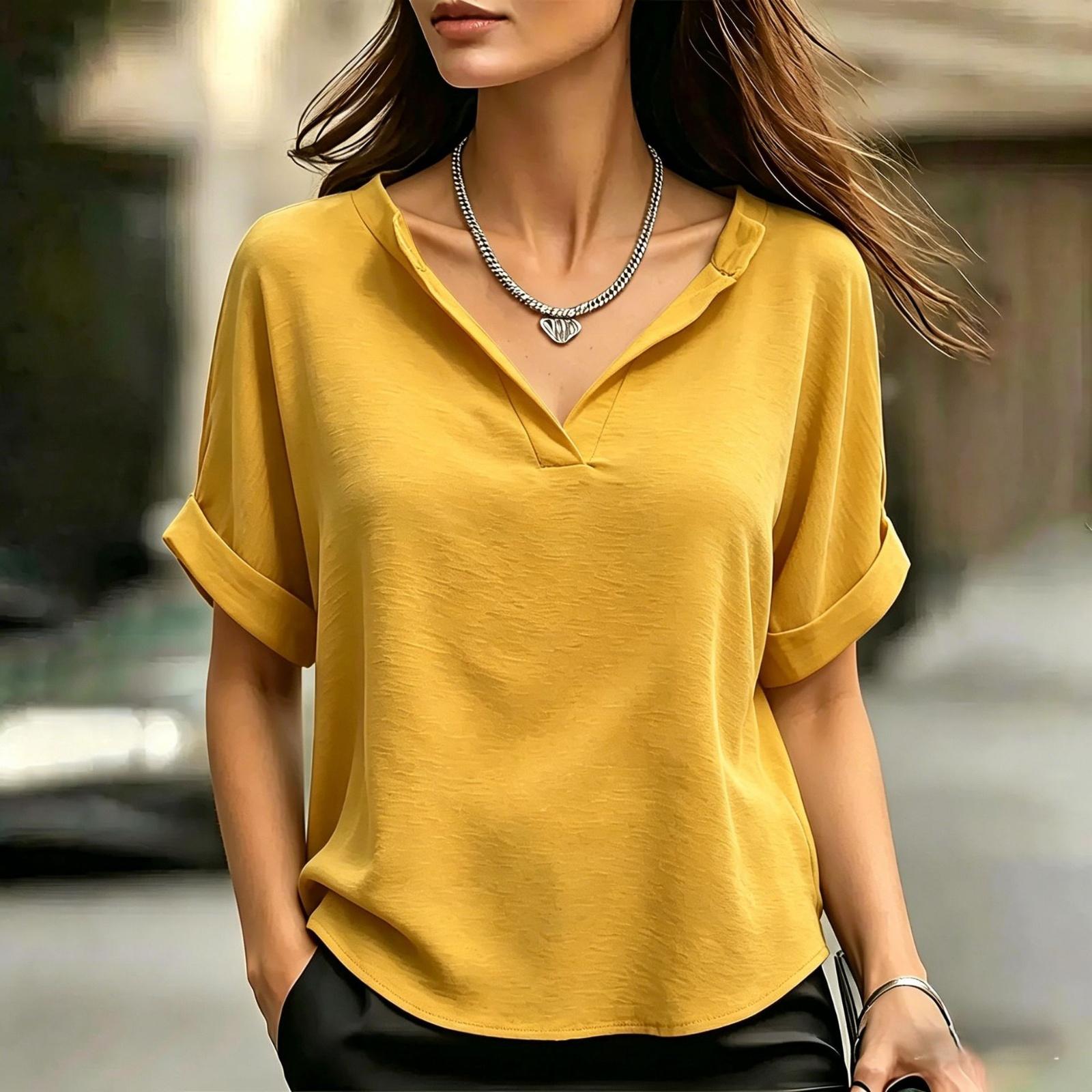 

Women V Neck Short Sleeve T Shirt Casual Loose Fit Lightweight Top Soft Fabric Comfortable Basic Blouse for Daily Wear L жовтий