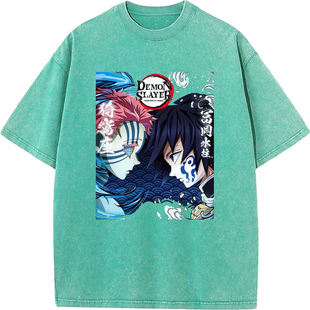 Anime Demon Slayer Tomioka Giyuu Akaza Graphic Tee Men Women Retro Washed T-shirts Cotton Manga T Shirt Harajuku Casual Tshirt