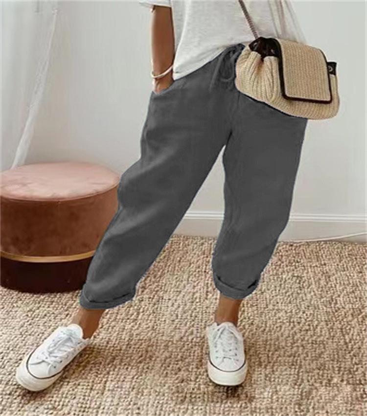 2024 European & American Style Print Cotton Linen Casual Pocket Long Pants