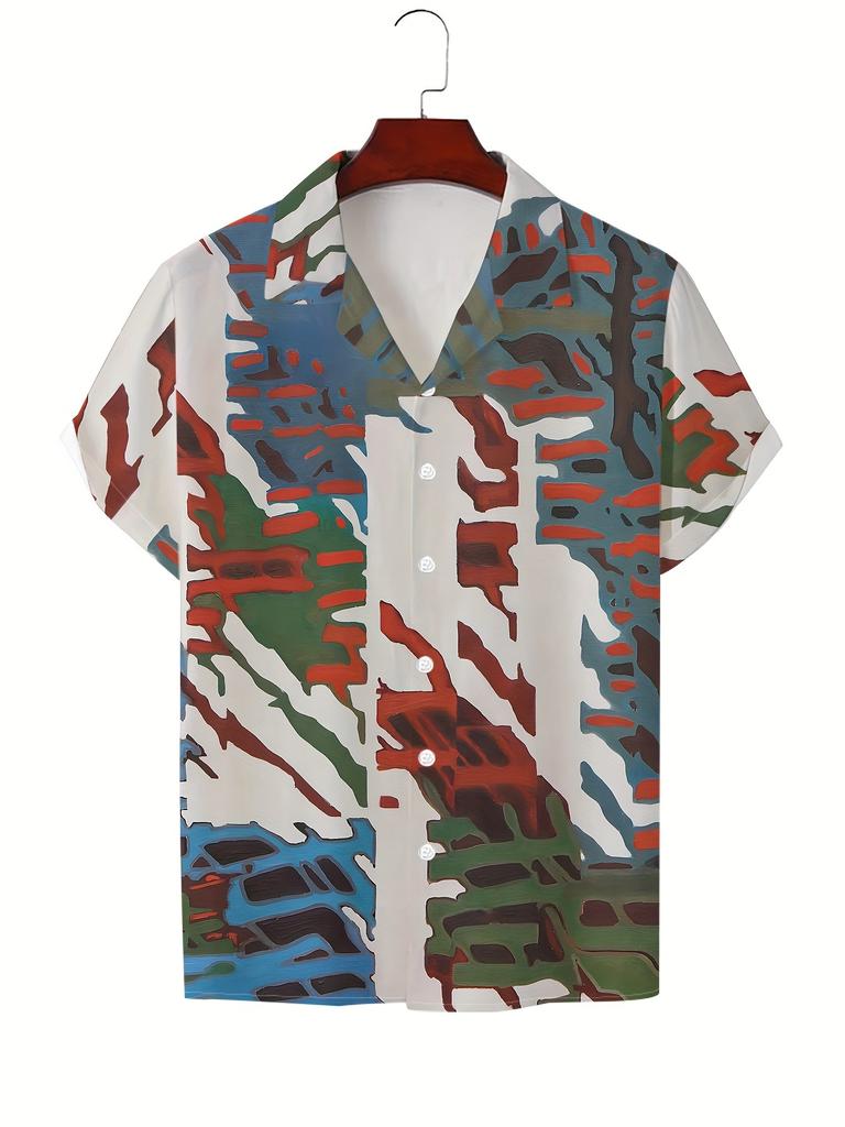 [Printed Design – Not Textured] Men's Summer Casual Short-Sleeve Shirt - Vibrant Abstract Print, Suitable for Outdoor Activities and Daily Wear -