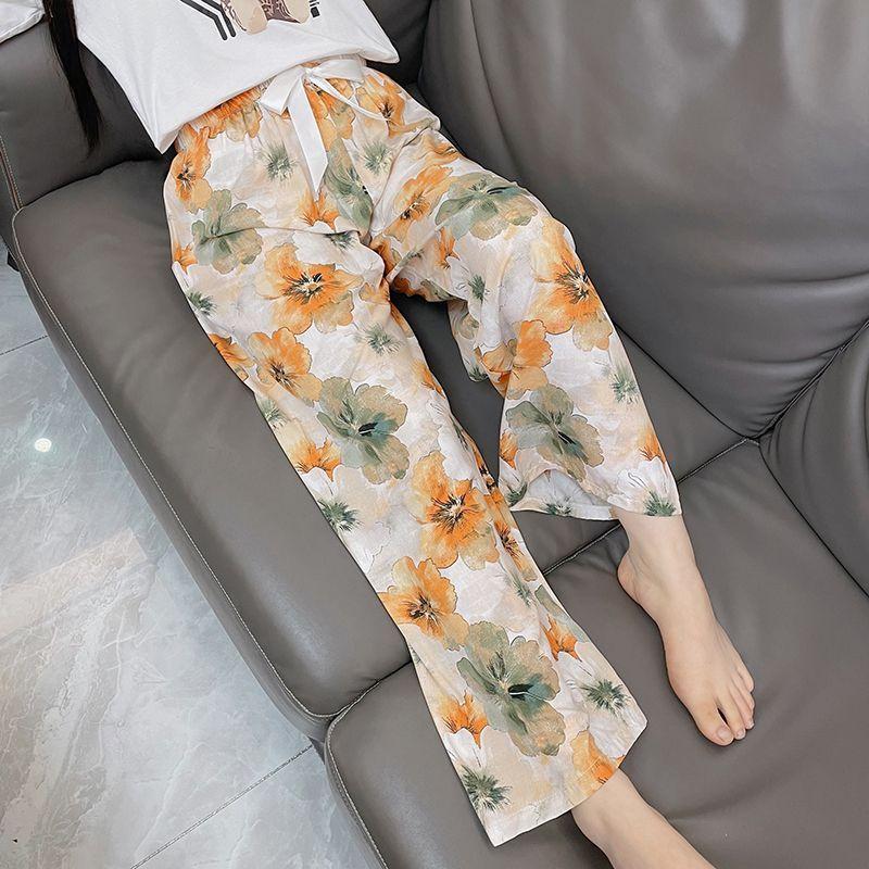 Summer Women's Cotton Rayon Ankle-Length Lounge Pants Thin Loose Fit AC Homewear with Elastic Waist