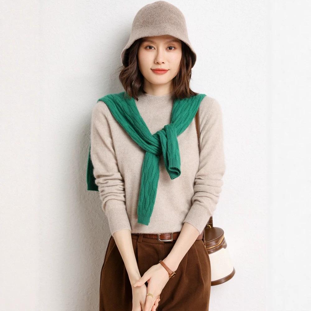 Women's Loose Fit Cashmere Half-High Neck Sweater - Soft, Classic Autumn/Winter Knit Base Layer