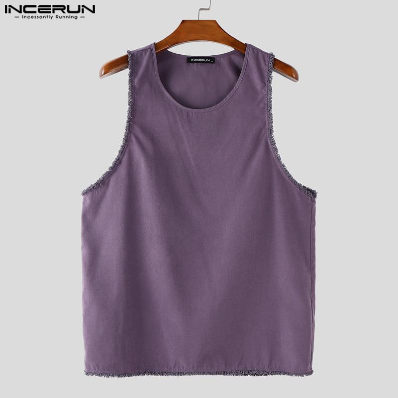 INCERUN Men Round Neck Sleeveless Tassel Hem Casual Loose Tank Tops