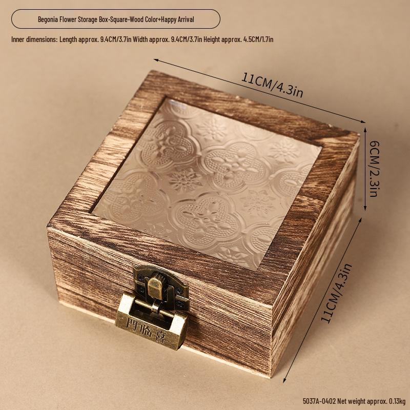 Retro Begonia Glass Lid Wooden Storage Box for Cosmetics, Snacks, Candy, and Documents - Dustproof and Multifunctional