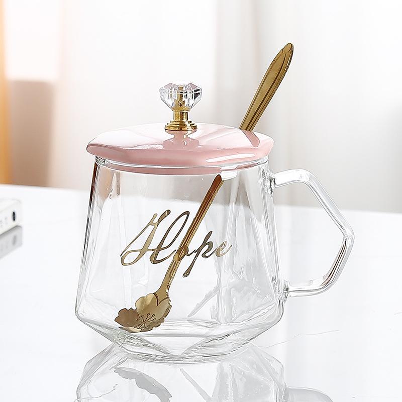 Taza de vidrio simple de vidrio con tapa cuchara oficina hombres y mujeres pareja taza de agua taza de café