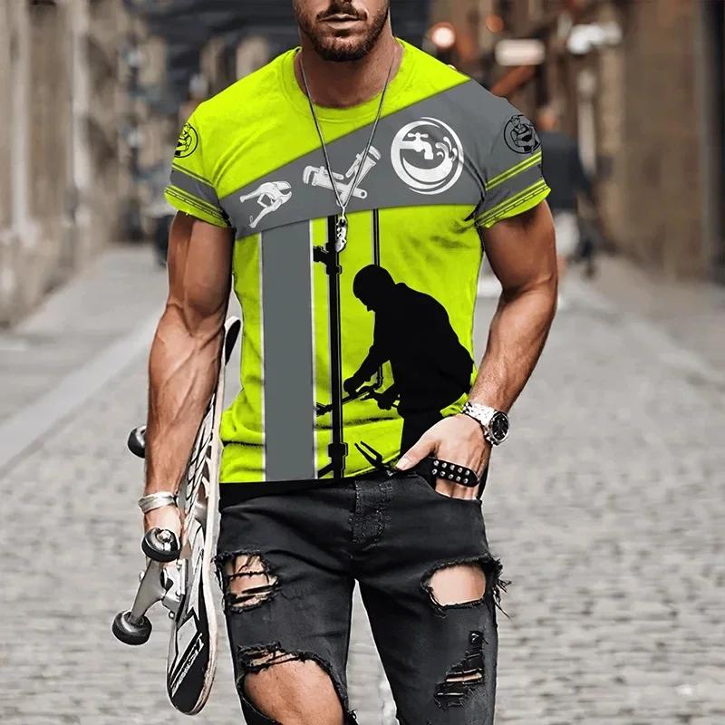 Instalatérská grafická trička 3D potisk tričko Pánské oblečení Letní pánské topy Mechanik Krátký rukáv Kulatý výstřih Osobnost O-výstřih Topy