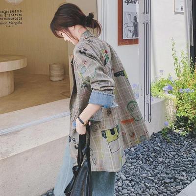Spring 2025 Women's Gray Plaid Graffiti Print Suit Jacket - Loose, Casual Street-Rock Design