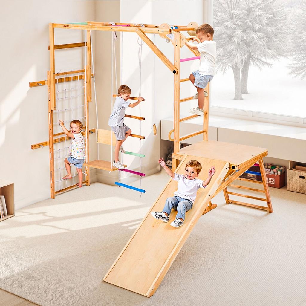 Indoor Playground Jungle Gym, 8-in-1 Wooden Indoor Playground Playset, 100KG Loading Montessori Climbing Toys with Swing, Slide, Monkey Bar, Gym