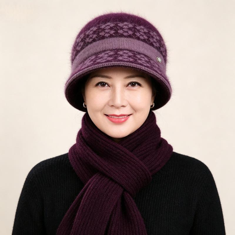 Autumn and Winter Hat Women's Fashion Bucket Hat Middle-aged and Elderly Mother Basin Hat Plush Warm Wool Hat Old Lady Knitted Hat