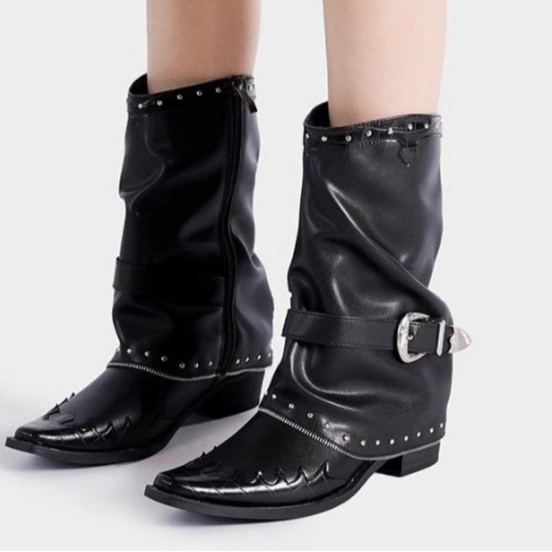 Fashion New Retro Boots Popular Flame Rivet Pleated Knight Boots Women Pointed Toe Chunky Heel Belt Buckle Black Leather Mid Calf Boots