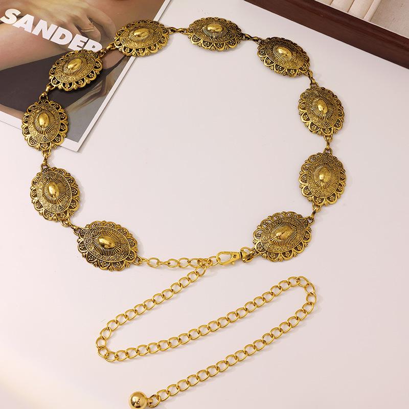 European and American Ancient Gold Blackened Western InS-style Metal Women's Waist Chain with Retro Carvings