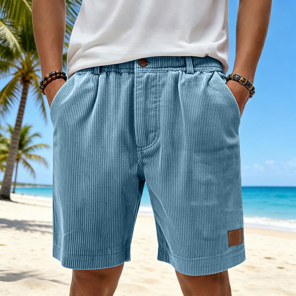 Men Corduroy Shorts Relaxed Fit Elastic Waistband Casual Drawstring Shorts with Pockets Button Closure Design for Everyday Wear