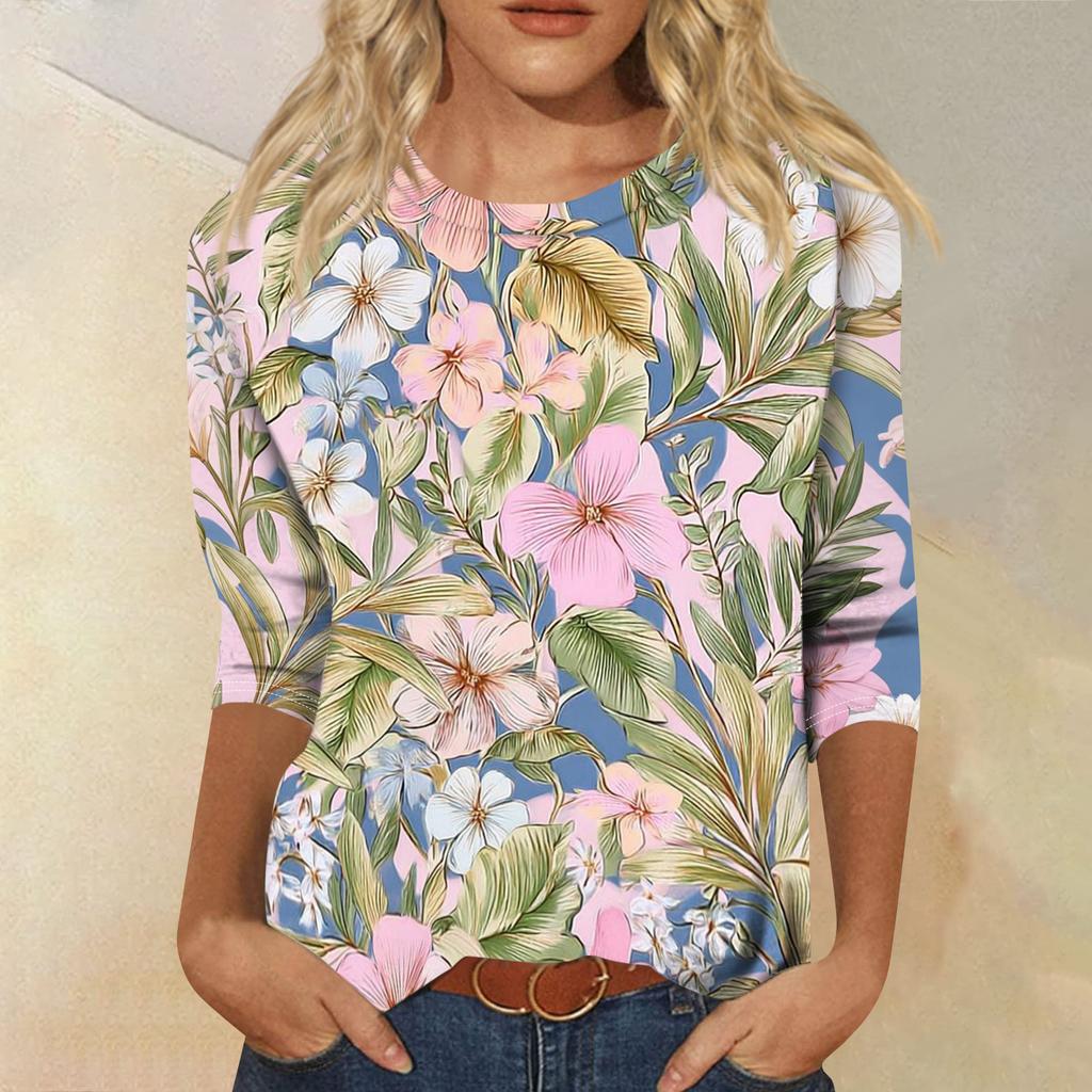 Women's Fashionable Casual Round Neck Three-Quarter Sleeve Printed T-Shirt Top