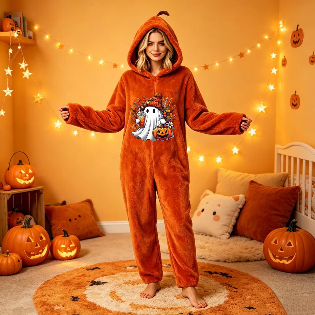 Women's Halloween Printed Flannel Romper Jumpsuit for Holiday Party and Loungewear