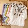 Women's Vintage Ethnic Embroidery T-Shirt Cotton Linen Summer Short Sleeve Oversized Tshirts Tees Casual Loose Tops