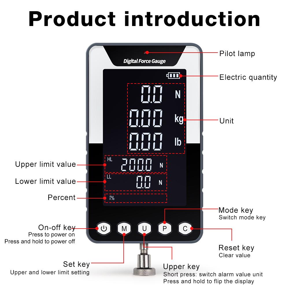 DF-200N/500N Portable Force Gauge Large-Screen Push-Pull Meter Digital Dynamometer Push Tension Tester with 5 Types Probes