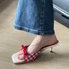 Bow red women's shoes plaid winter sandals 2024 open-toed square head word beautiful French women's cool slippers