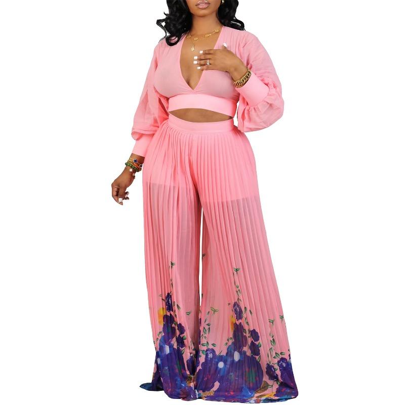 V-neck Chiffon Lantern Sleeve Top Pleated Wide-leg Pants Two-piece Set