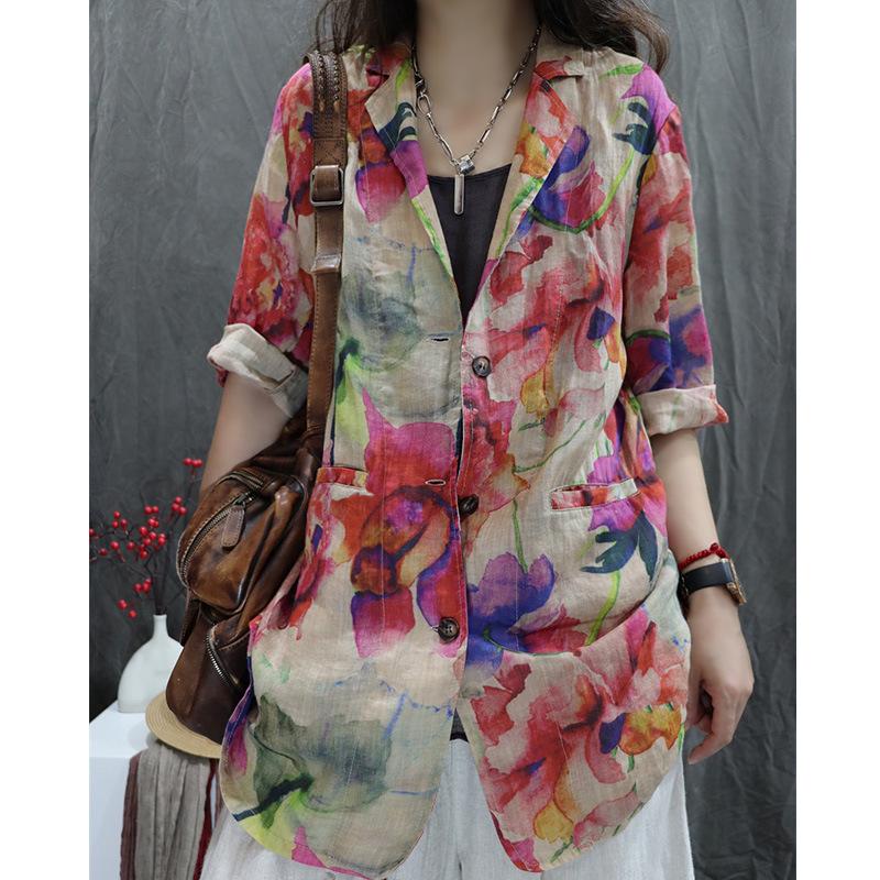 2026 New Style Women's Cotton-Linen Retro Printed Loose-Fit Casual Long Sleeve Suit
