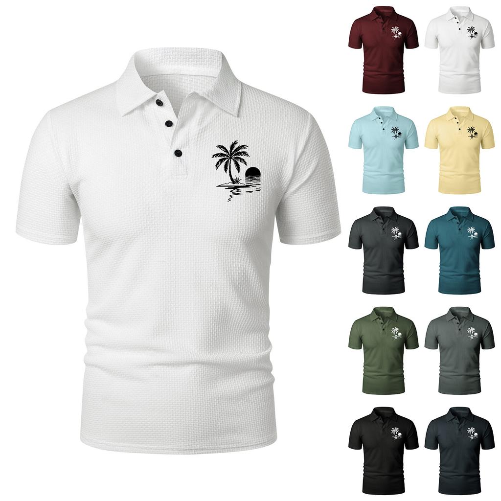 Men Short Sleeve Polo Shirt with Turn Down Collar and Printed Pattern Lightweight Breathable Casual Summer Top