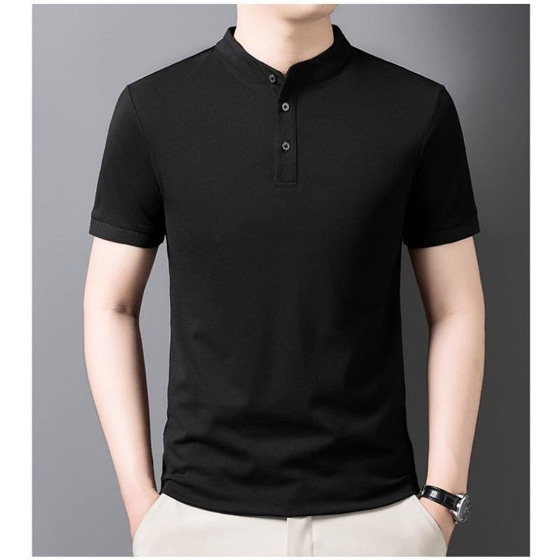 Men s Slim Fit Mandarin Collar Polo Shirt - Casual Button Placket Short Sleeve Top M чёрный