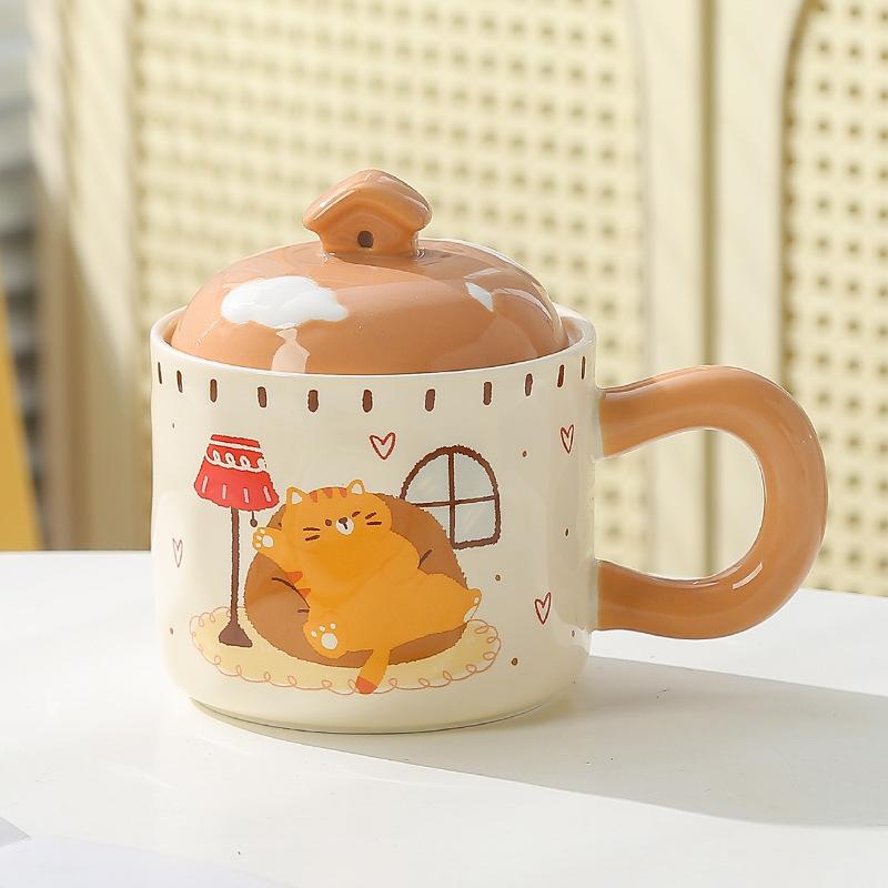 Cat Cute Cartoon Ceramic Cup with Lid Mug Coffee Cup Office Water Cup Breakfast Cup Souvenir Gift Box