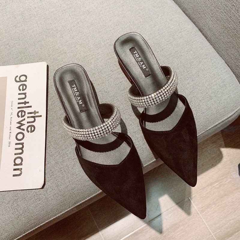 Baotou Half Slippers Women Wear Spring and Summer 2025 New Rhinestone Word with Thick Heel Pointed Head Half Tray Fairy Sandals