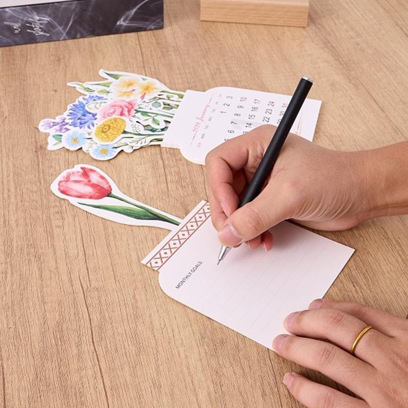 New 2026 Card Insert Desk Calendar Monthly Planner Organizer Bloomy Flowers Mini Calendar Wooden Base Home Office Tabledesk
