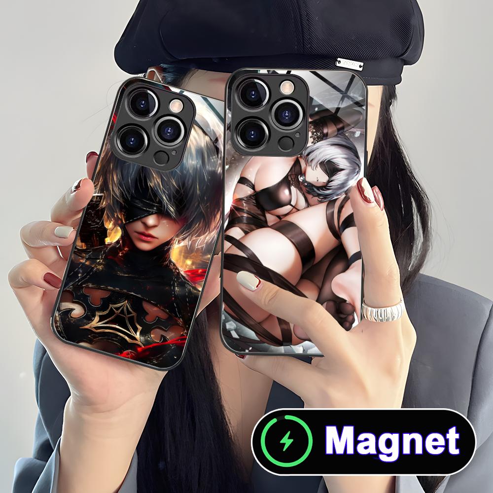Anime Nier 2B Glass MagSafe Mobile Phone Case for iPhone 17 16 15 14 13 12 11 Air Pro Max Plus Mini Colorful Cover