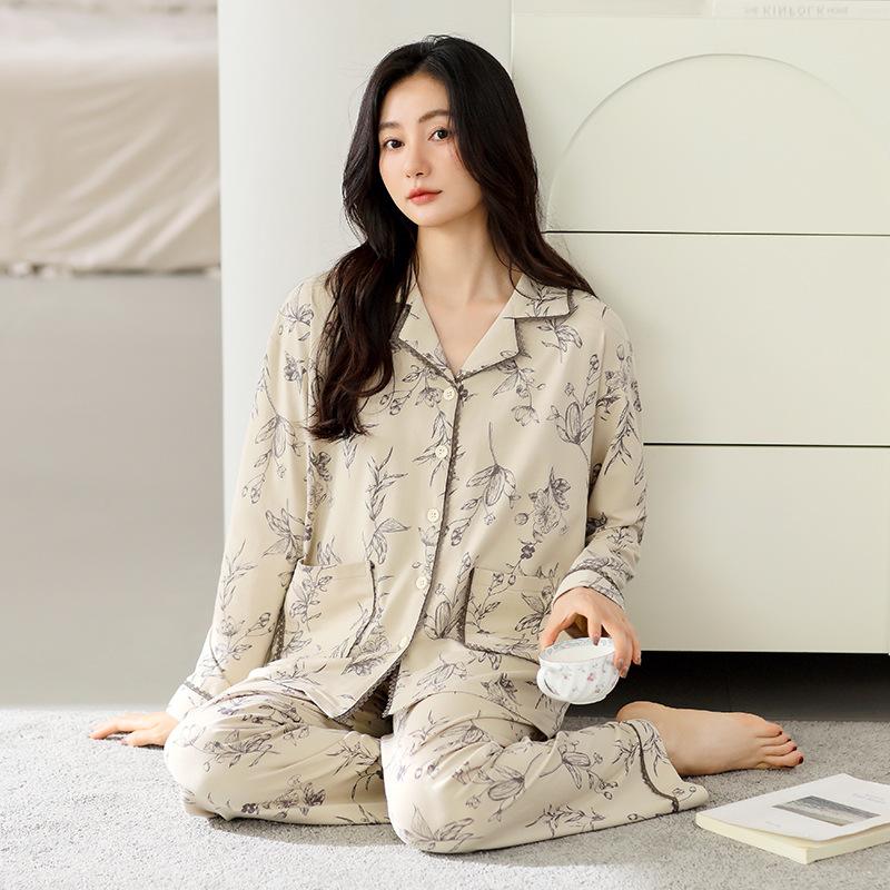 

Пижама женская из чистого хлопка с длинным рукавом, кардиган с лацканами, высококачественный комплект для дома 3XL