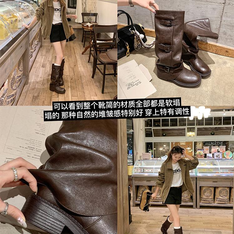 Su Yinyin, the Same Spice Girl Pant Tube Boots, Thick-soled Heightened Medium Tube Belt Buckle, Western Knight Boots, Black Stacking Boots for Women
