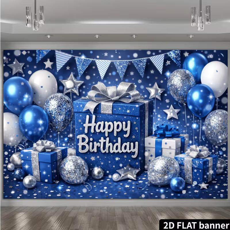 2D Coole Blaue Glitzer Konfetti Happy Birthday Hintergrund Banner mit Wimpelketten