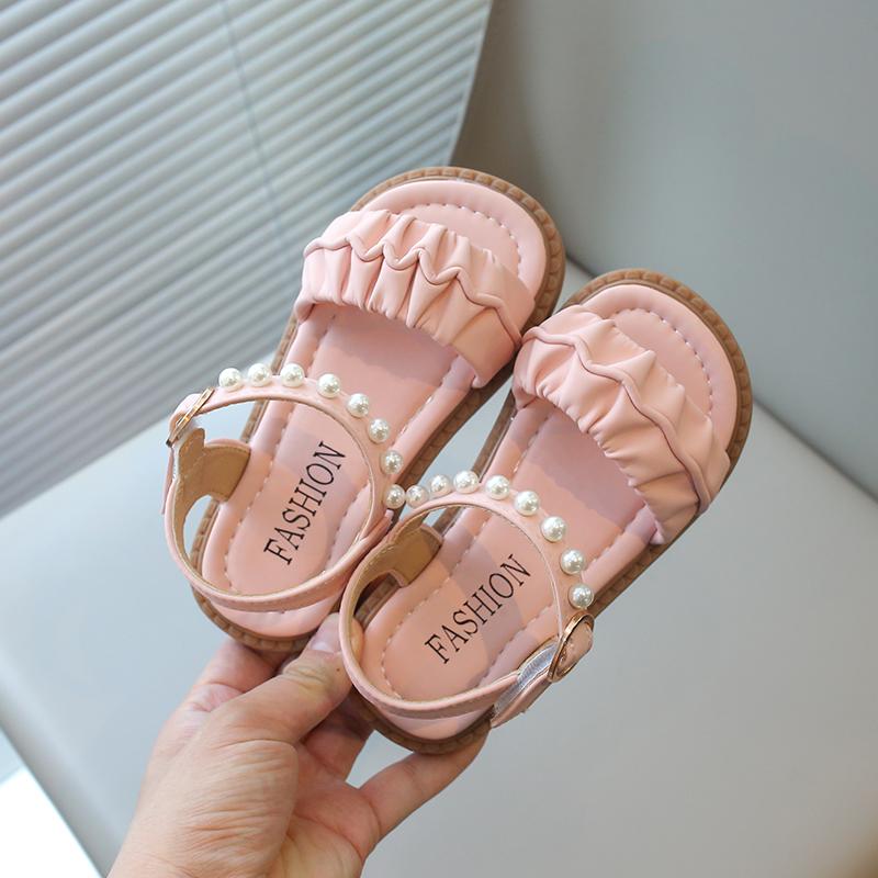 Girls Summer Sandals 2024 New Princess Kids Beach Shoes Rubber Out-sole Ruffles Pleated with Pearls Beading Open Toes Sweet Soft