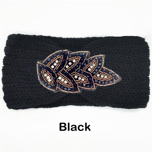 

Женская зимняя повязка на голову со стразами, теплая вязаная шерстяная повязка на голову, тюрбан, повязка на голову для девочек, повязка для волос с бусинами, головной убор, аксессуары для волос чёрный