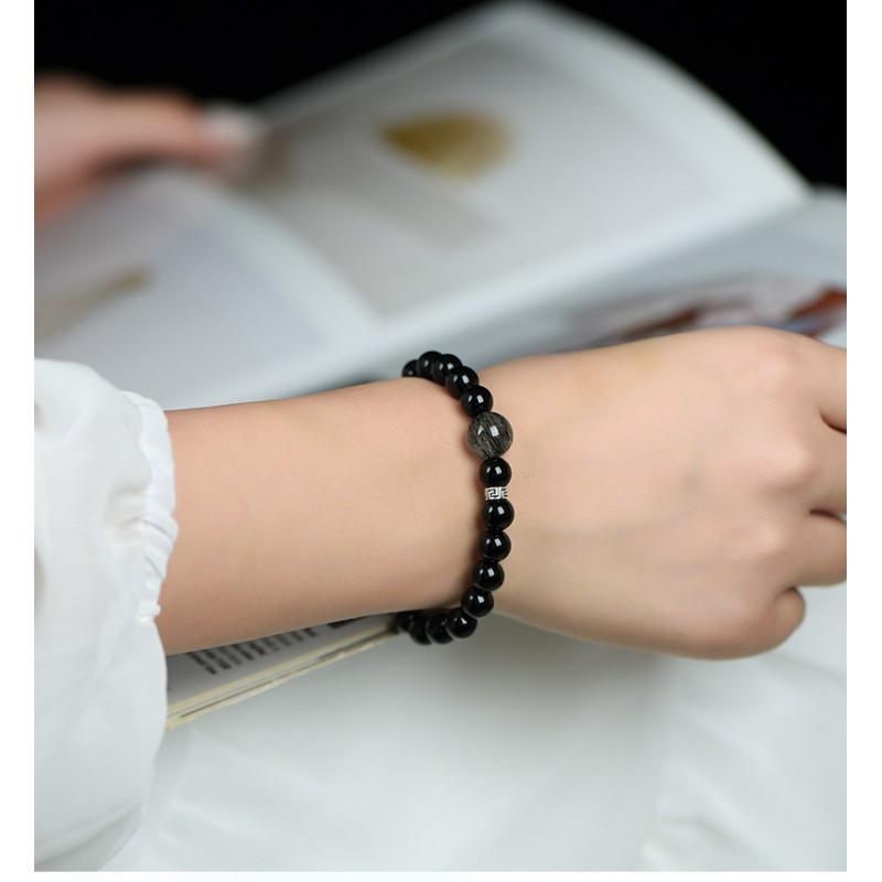 Natural Obsidian Bracelet Men Women Black Crystal Beaded Wristband Couple Gift