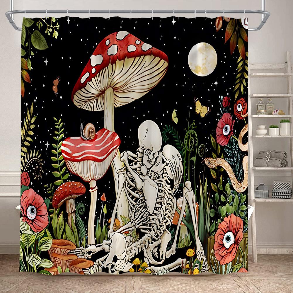 Rustic Mushroom Shower Curtain Floral Plant Leaves Moth Dragonfly Black Bathroom Curtains Polyester Fabric Home Decor with Hooks