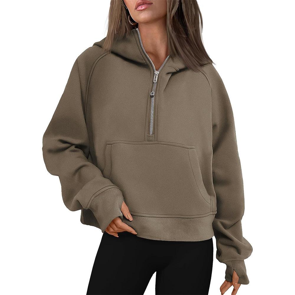 Popular European and American autumn and winter new hooded zipper thickened sweater top women