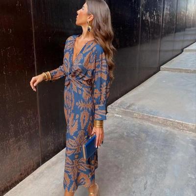Fashion Deep V Neck Printed Elegant Dress Loose Elegant Long Sleeve Boho Style Pleated Party Holiday Dreses Female Sexy Casual Basic Clothing