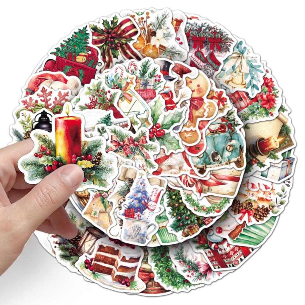 50 Vintage Holiday Watercolor Stickers: Gingerbread Man & Cartoon Designs for Journals & Waterproof Phone Cases