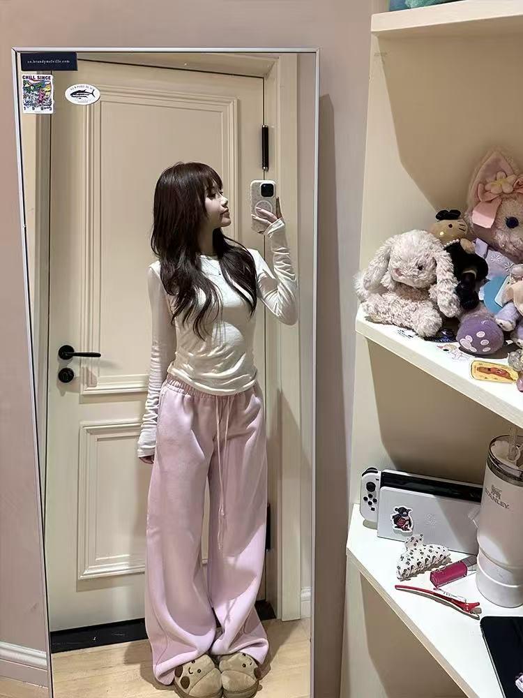 

Women s Pink Fleece-Lined Straight Leg Sweatpants - Warm, Loose, Slimming, Casual Wide-Leg Pants for Spring and Winter X-Large