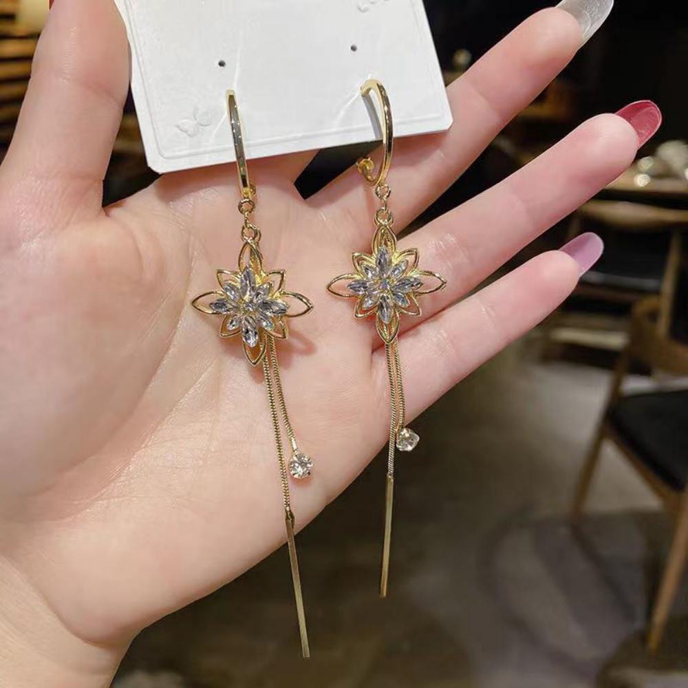 Hot Geometry Hollow Zircon Flower Chain Tassel Earrings Women's Trendy Fashion Versatile temperament Long Jewelry Gift