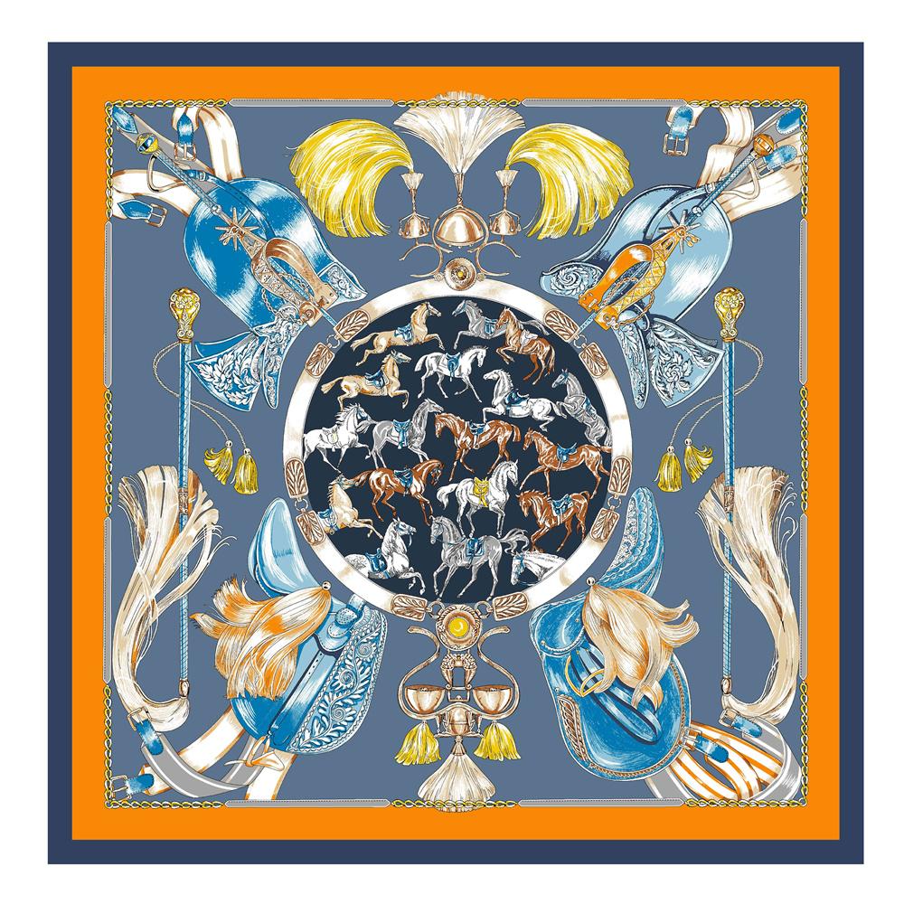 POBING Silk Scarf Women Large Shawls Spain Horse Square Scarves Wraps Bandana Luxury Kerchief Hijab Scarf Female Foulards 130CM