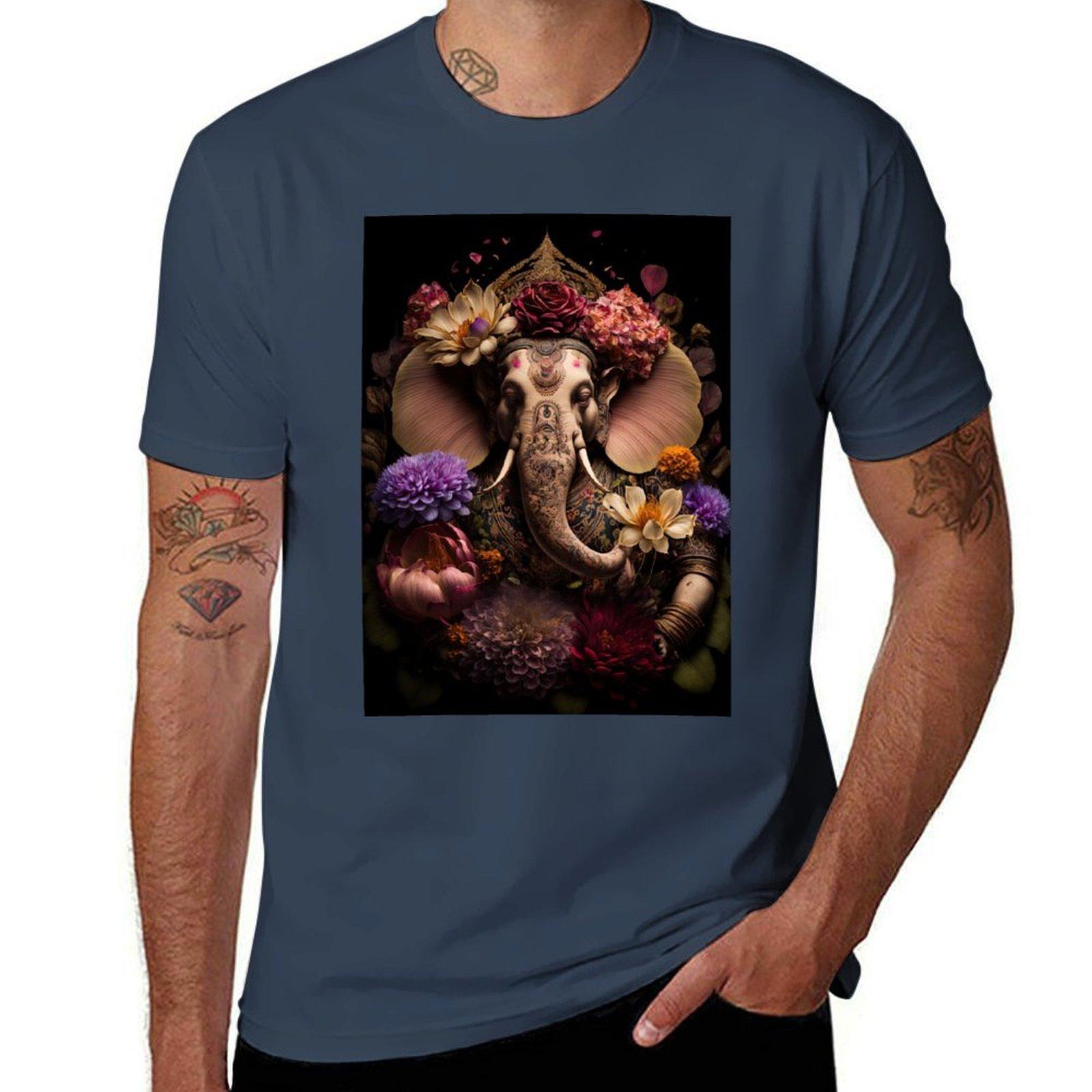 Ganesha with Colourful Flowers TShirt Casual Graphic Print Tee S