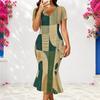 Women Plus Size V Neck Short Sleeve Green Khaki Geometric Printed Fitted Fishtail Dress