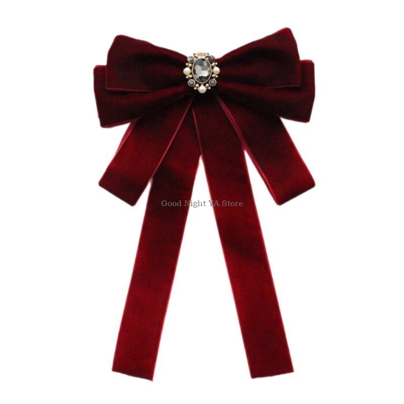 Luxurious Velvets Bows Tie For Women Sparkling Crystal Pearls Pre Tied Bows Clip