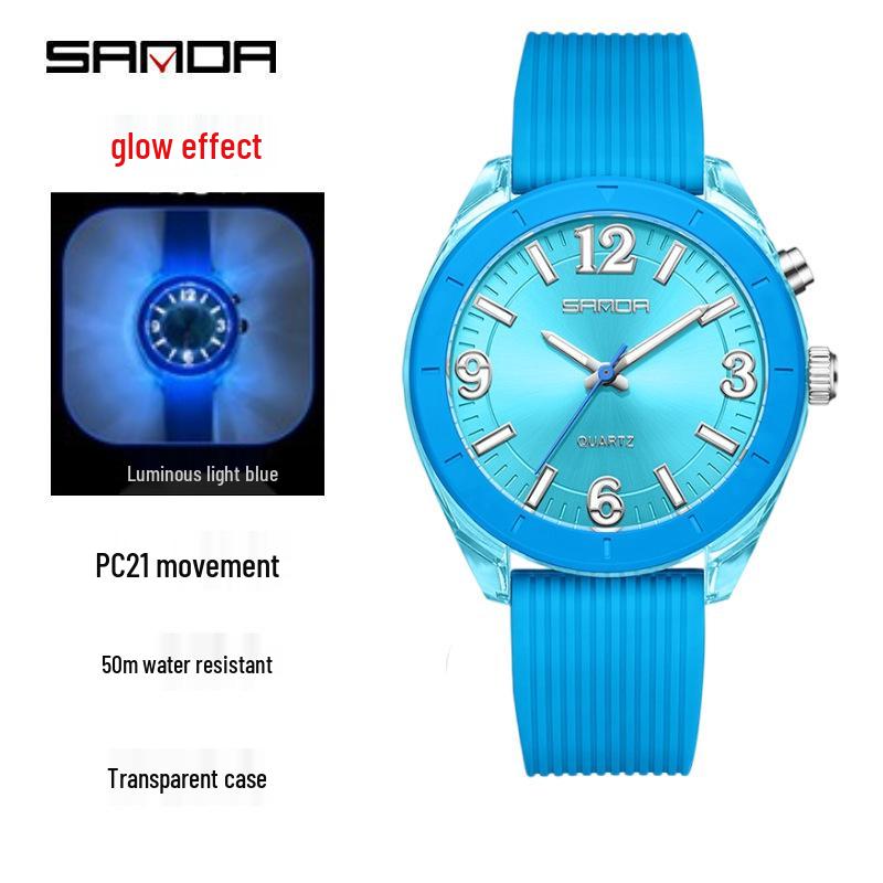 Sanda Transparent Case Luminous Quartz Watch - Waterproof, Seven-Color Dial for Kids, Men, and Women