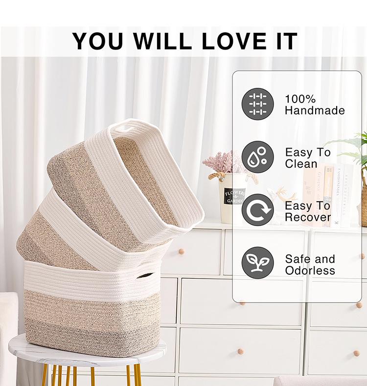 Rectangular Woven Storage Basket with Hollow Handles for Laundry and Toys
