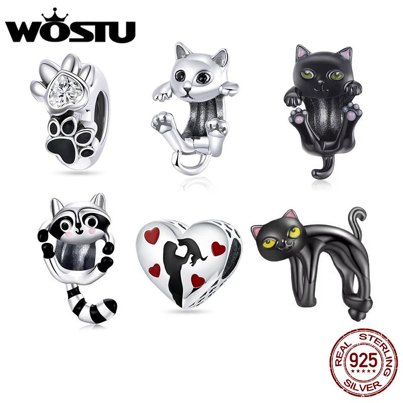 WOSTU 100% 925 Silver Cute Kitty Black Cat Charms Animal Bead for Women Fit DIY Bracelet Necklace Jewelry Gift