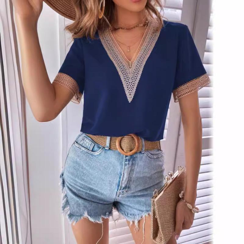 

Женский атласный кружевной однотонный свободный топ с V-образным вырезом и короткими рукавами в стиле темперамент для поездок на работу XXL темно-синий